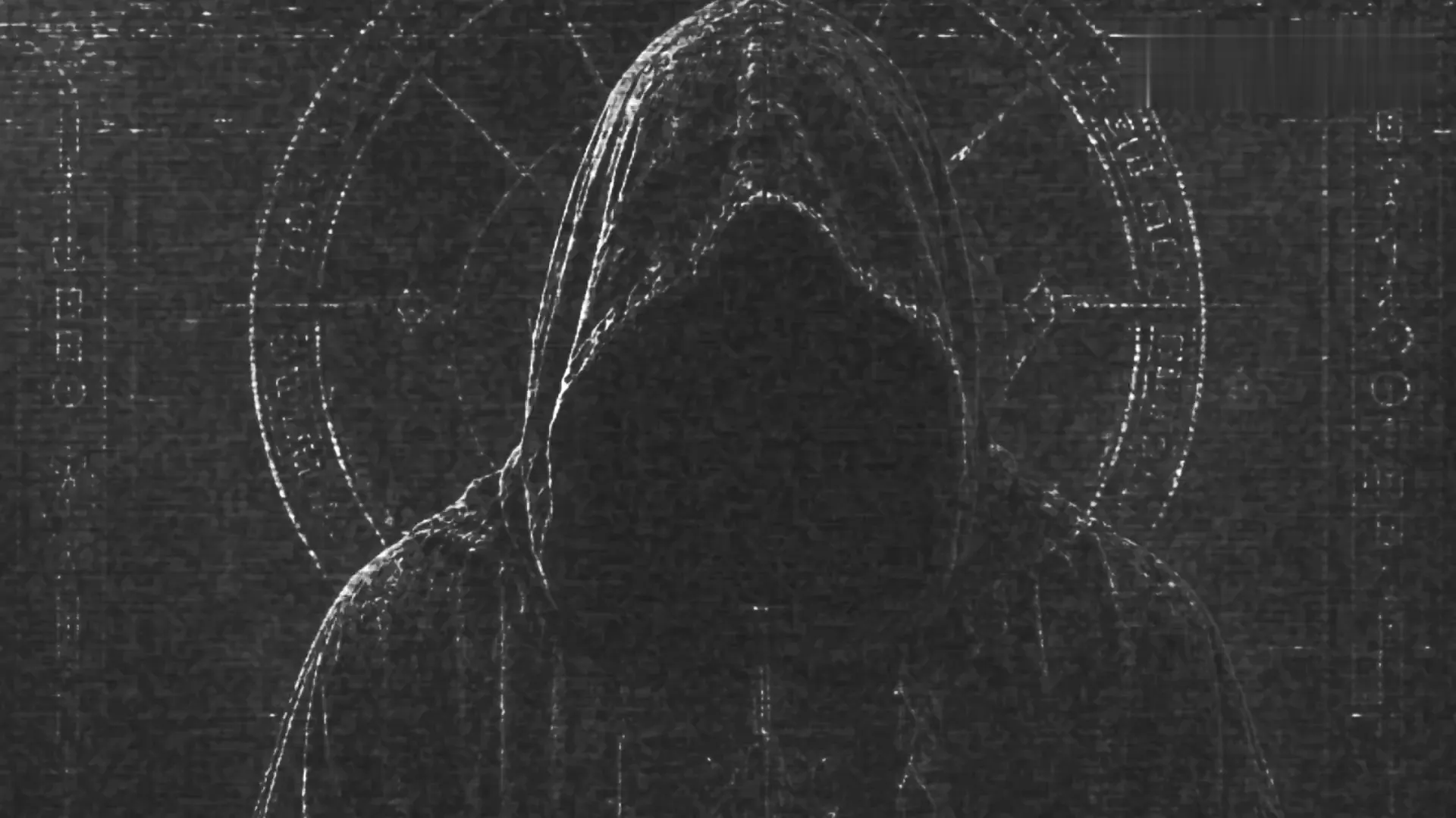 A hooded figure stands before a circle of sigils, face lost in shadow.