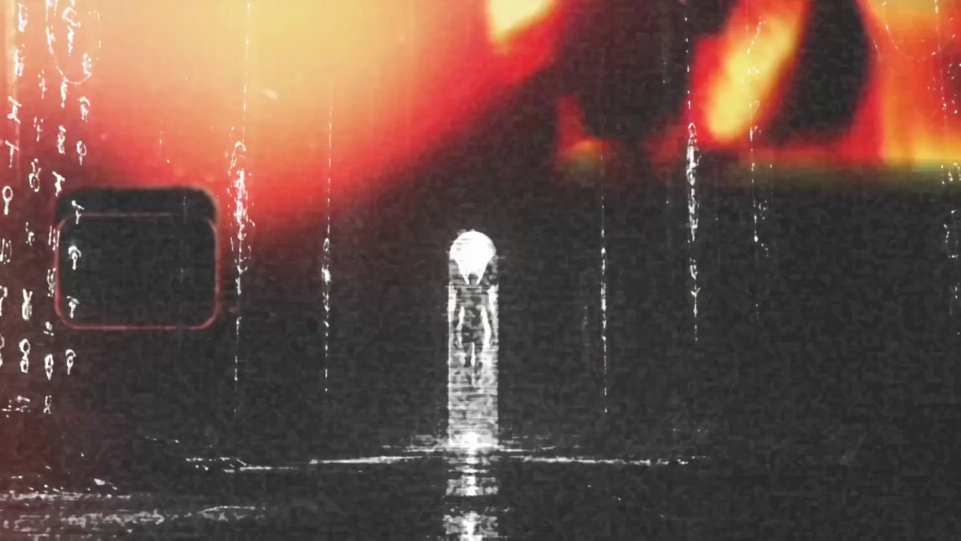 A pale figure stands in a lit doorway behind a curtain of red film burn.
